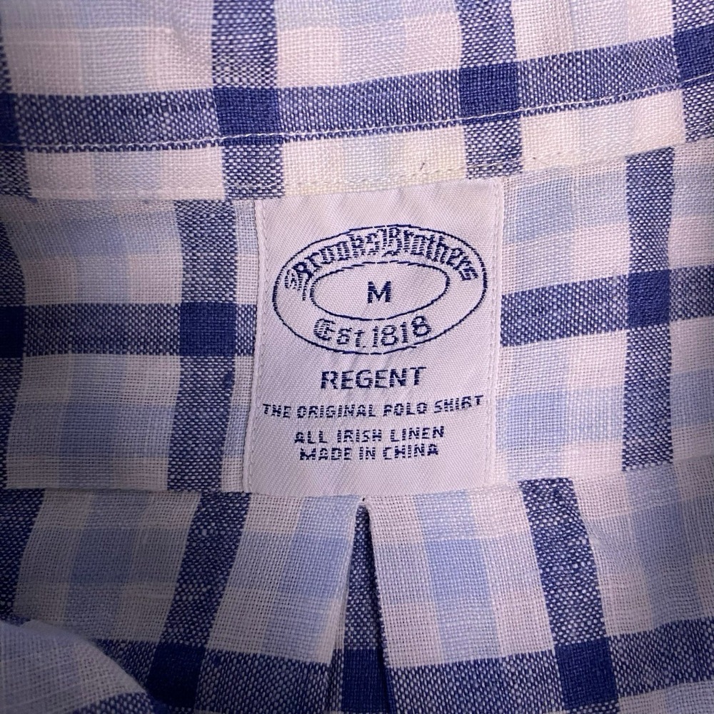 Brooks Brothers 1818 Shirt M Mens S/S Button Down Irish Linen Blue Check VGUC - Picture 7 of 9